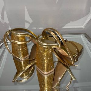 New Zara Gold Rhinestone Block Sandal Heels